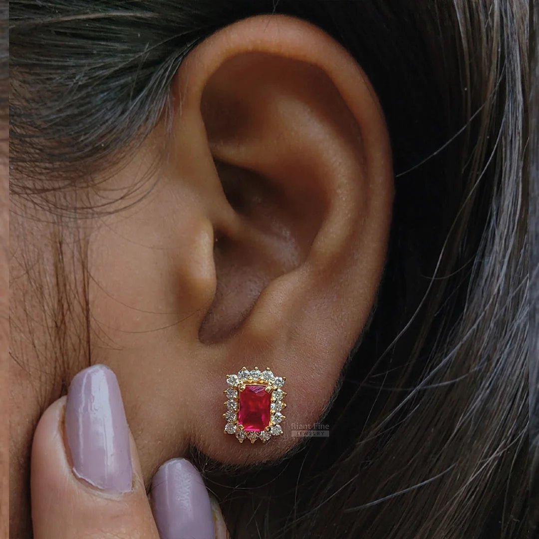 Emerald Cut Pink Lab Created Diamond Halo Stud Earrings - Riant Fine Jewelry