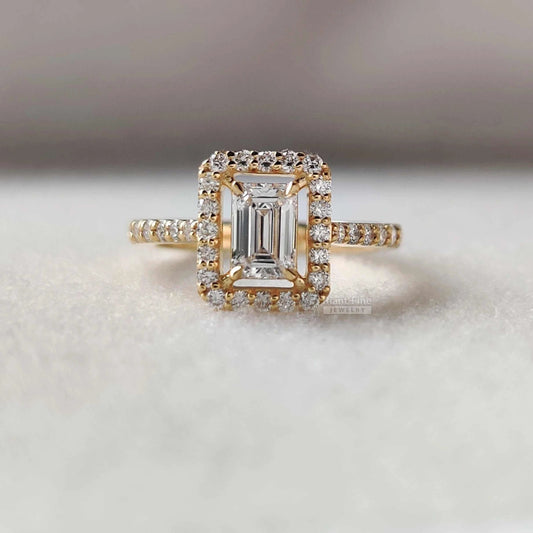 Emerald Lab Diamond Antique Halo Engagement Ring In 14K Gold - Riant Fine Jewelry LLC