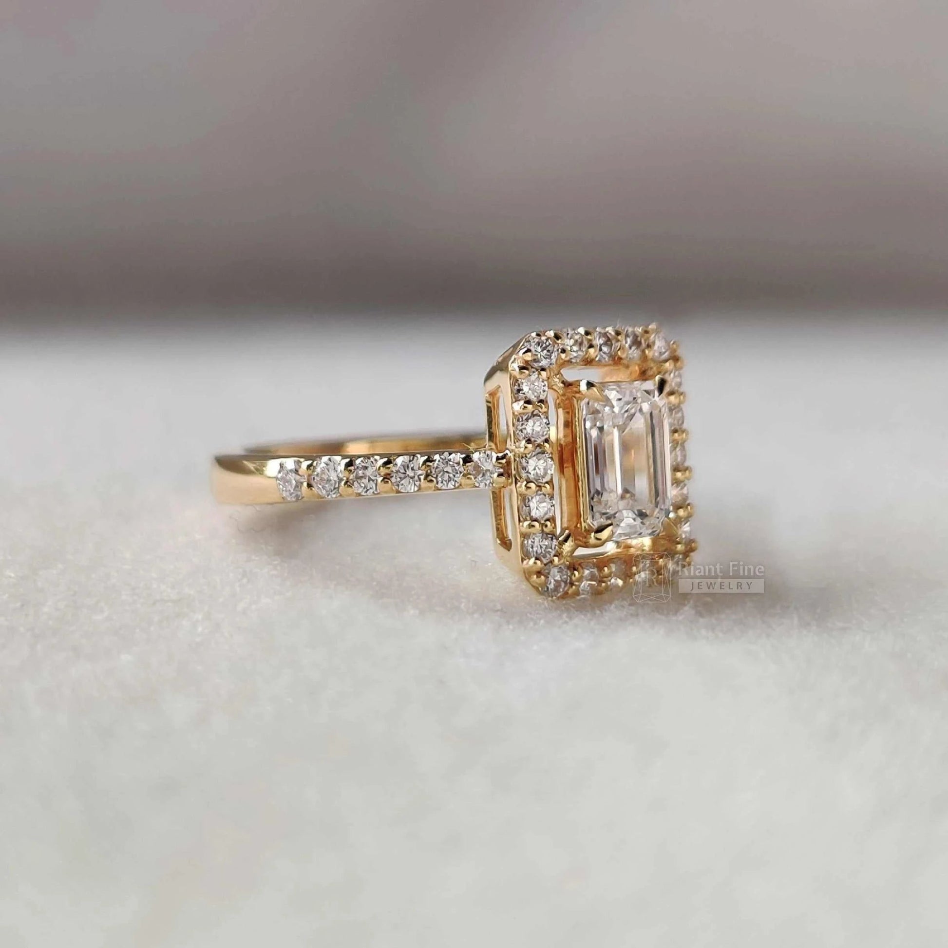 Vintage Style Emerald Cut Halo Ring Gold