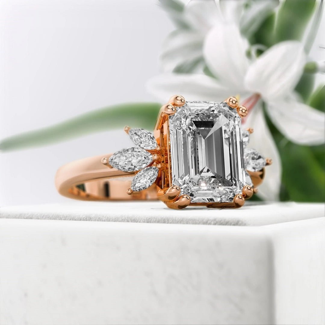 Emerald Lab Diamond Cluster Engagement Ring in 14K Gold - Riant Fine Jewelry LLC