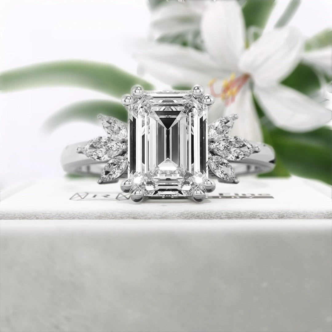 Emerald Lab Diamond Cluster Engagement Ring in 14K Gold - Riant Fine Jewelry LLC