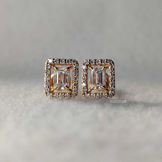 Emerald Lab Diamond Halo Studs in 14K Yellow Gold - Riant Fine Jewelry LLC