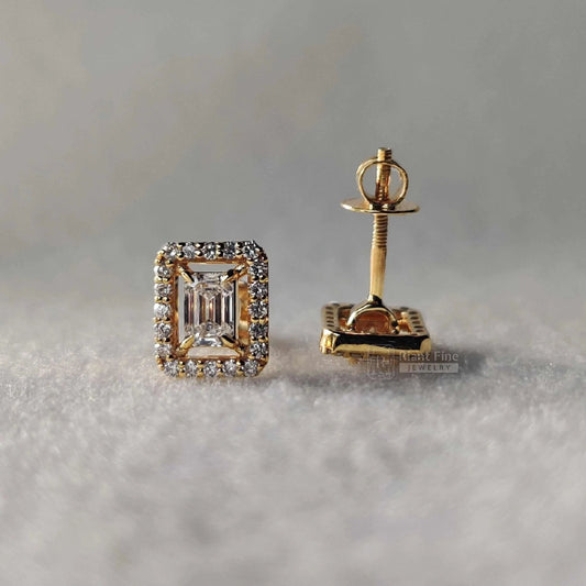 Emerald Lab Diamond Halo Studs in 14K Yellow Gold - Riant Fine Jewelry LLC