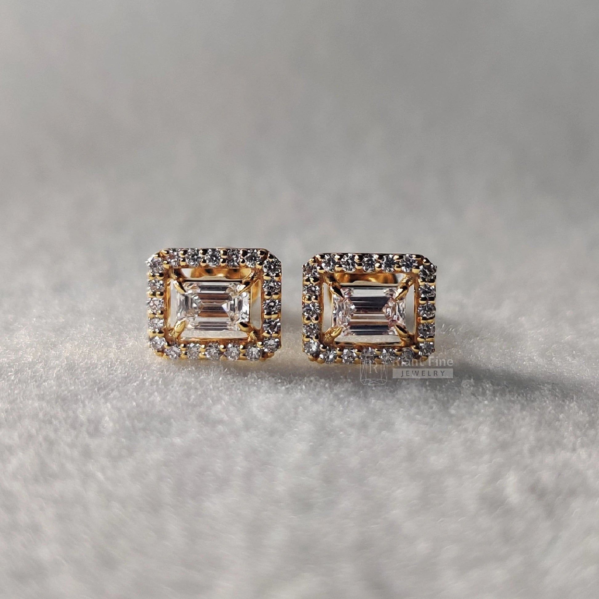 Riant Fine Jewelry : emerald cut halo diamond studs, wedding earrings, yellow gold stud earrings, lab diamonds