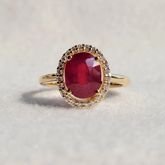 Riant Fine Jewelry : ruby engagement rings, natural glass fill ruby engagement rings for women, oval cut lab grown diamond rings, 14k yellow gold wedding rings, halo diamond rings