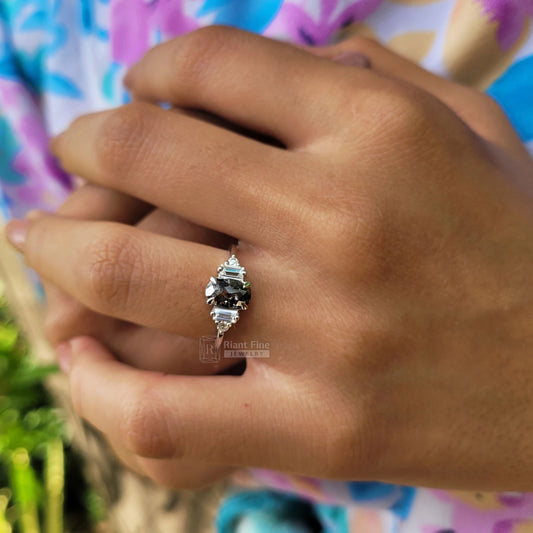 Five Stone Oval Salt & Pepper Diamond Engagement Rings - Riant Fine Jewelry LLC