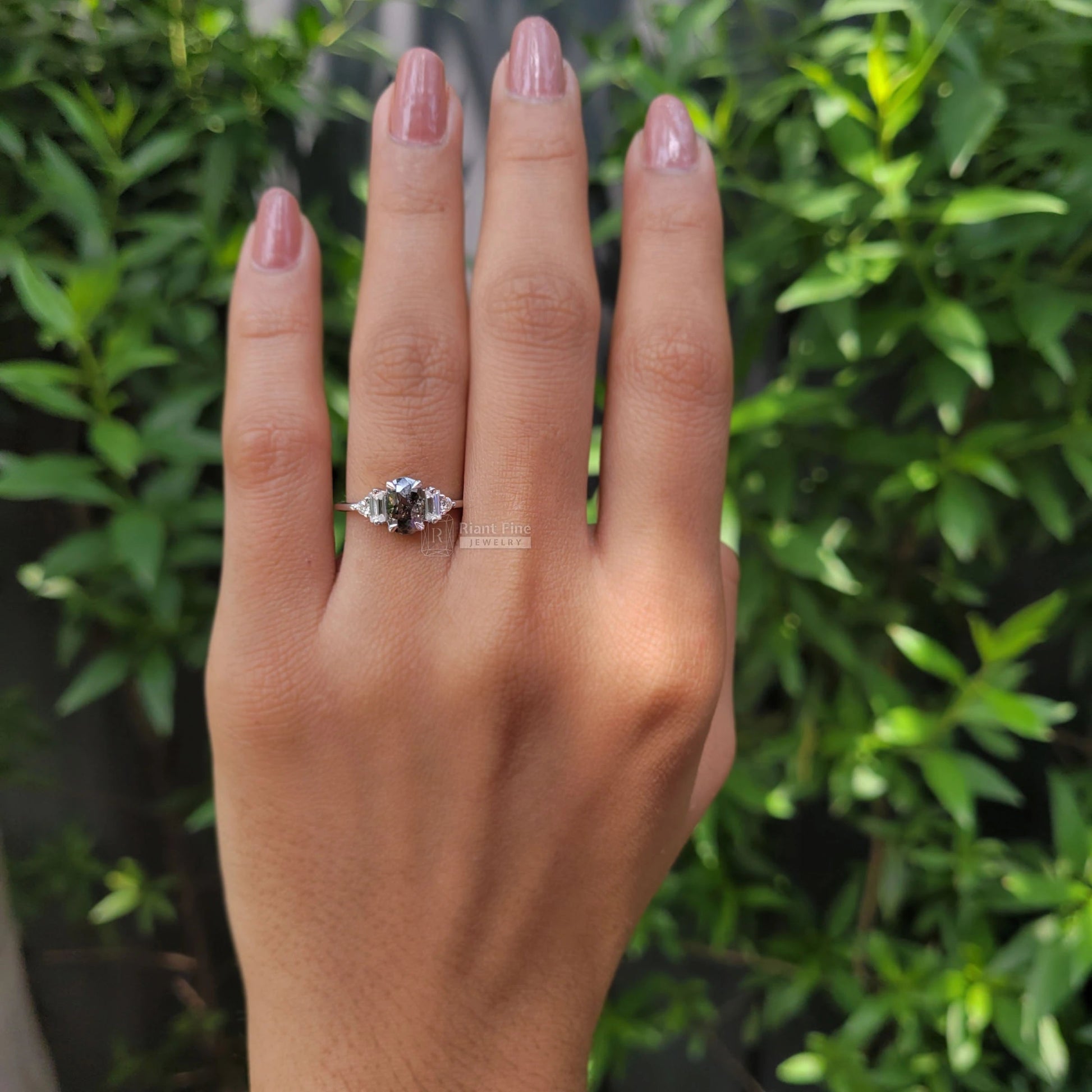 Five Stone Oval Salt & Pepper Diamond Engagement Rings - Riant Fine Jewelry LLC