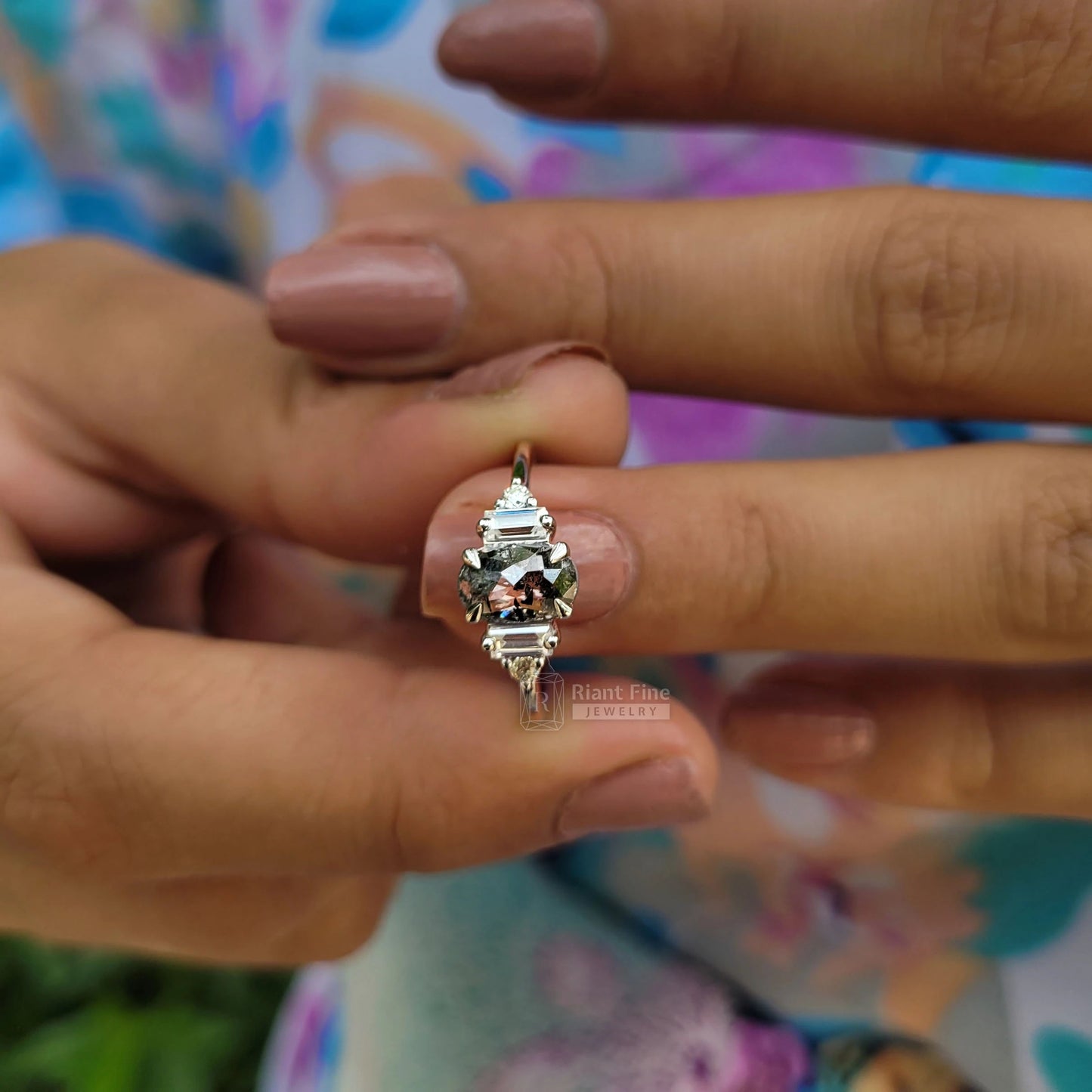 Five Stone Oval Salt & Pepper Diamond Engagement Rings - Riant Fine Jewelry LLC
