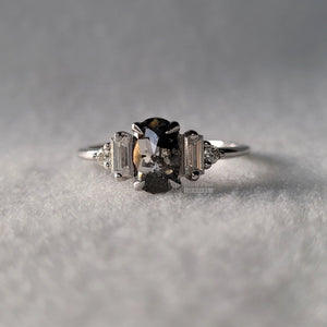 Five Stone Oval Salt & Pepper Diamond Engagement Rings