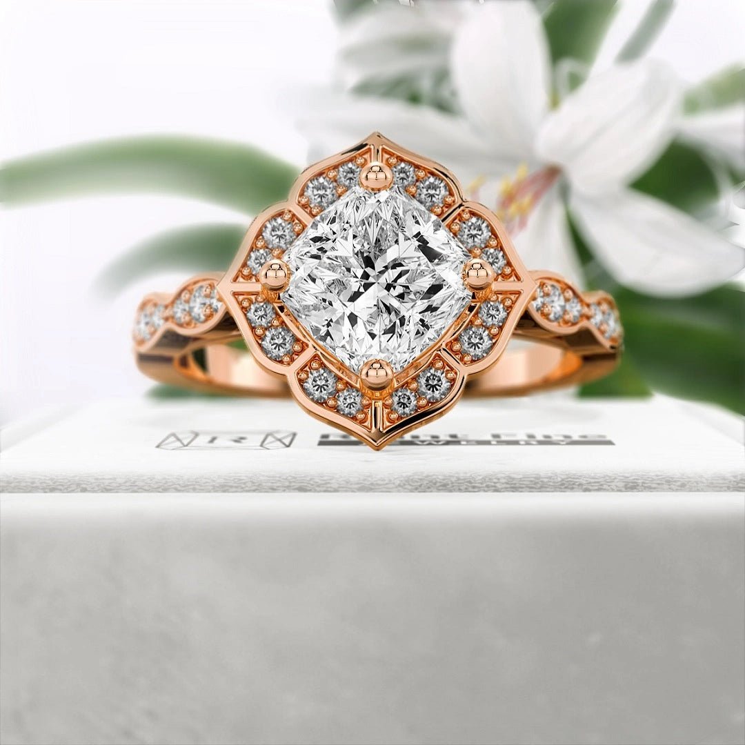 Flower 1 Ct Cushion Cut Engagement Ring in 14K Gold - Riant Fine Jewelry