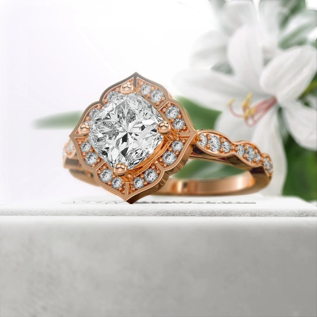 Flower 1 Ct Cushion Cut Engagement Ring in 14K Gold - Riant Fine Jewelry