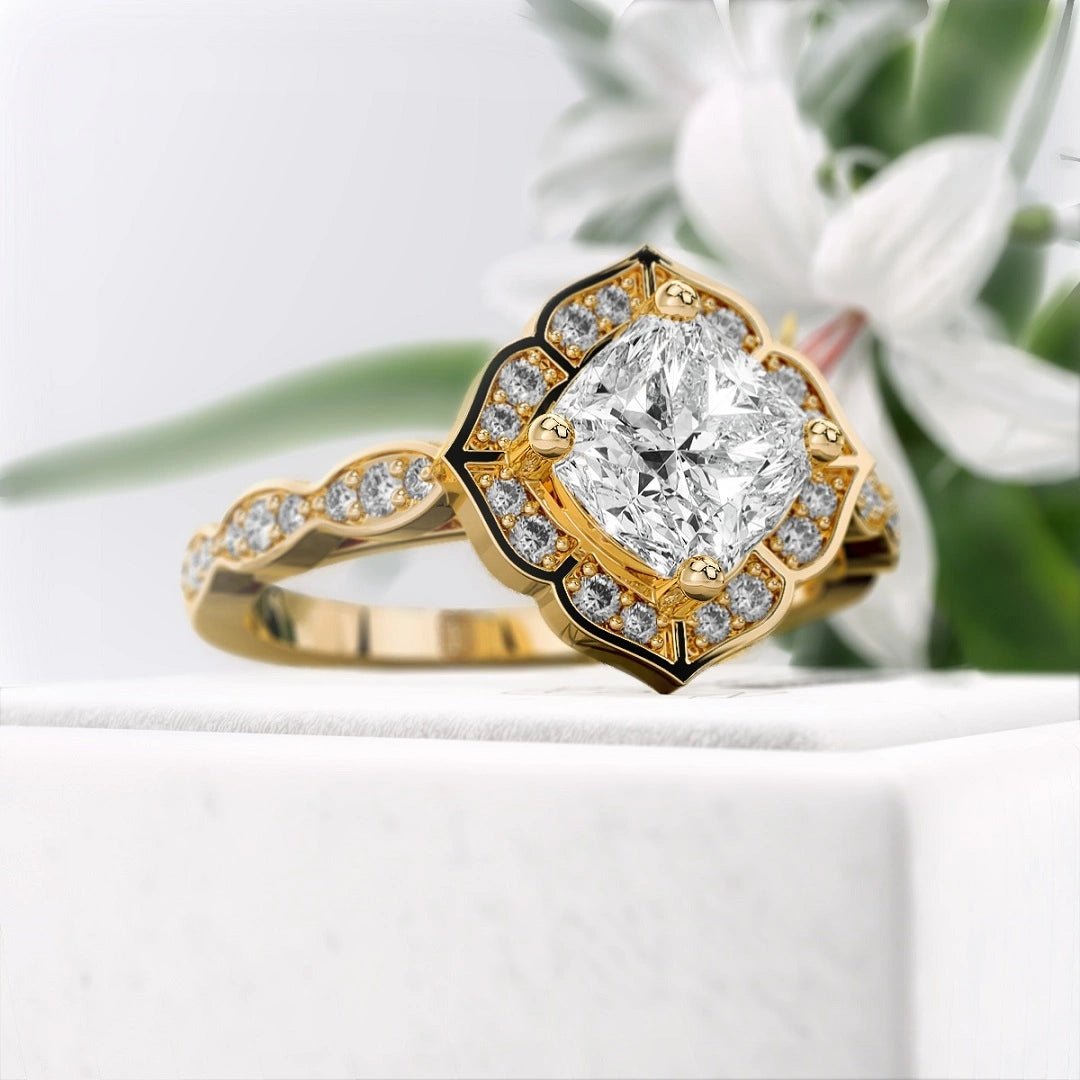 Flower 1 Ct Cushion Cut Engagement Ring in 14K Gold - Riant Fine Jewelry