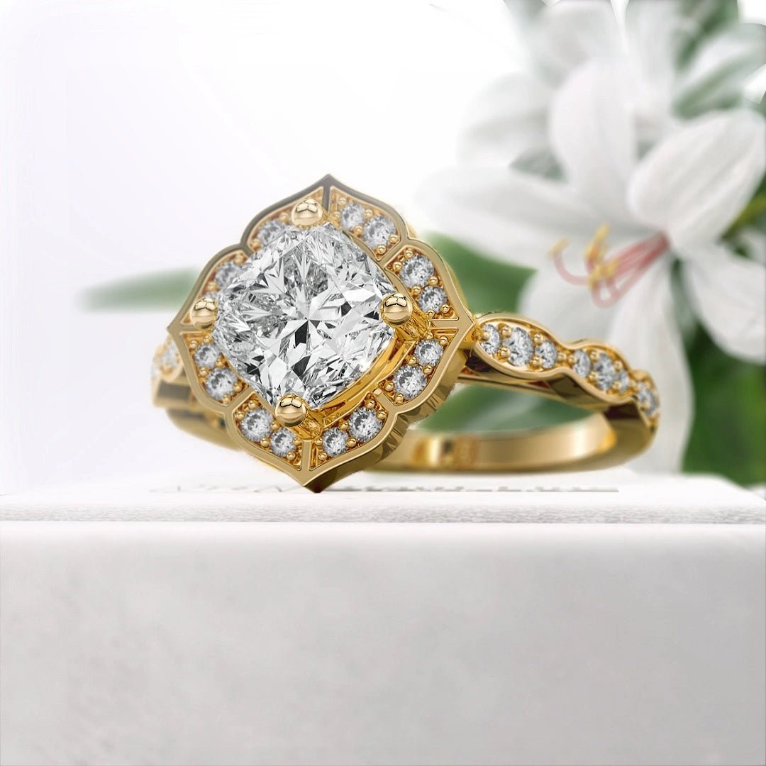 Flower 1 Ct Cushion Cut Engagement Ring in 14K Gold - Riant Fine Jewelry