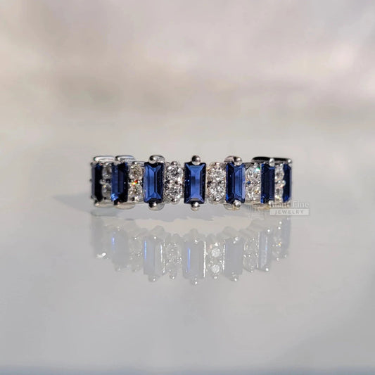 Half Eternity Baguette Cut Blue Sapphire Wedding Band - Riant Fine Jewelry LLC