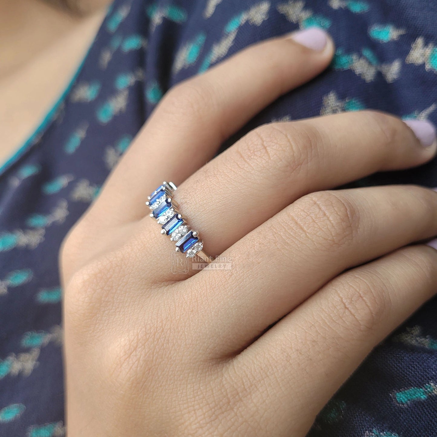 Half Eternity Baguette Cut Blue Sapphire Wedding Band - Riant Fine Jewelry LLC