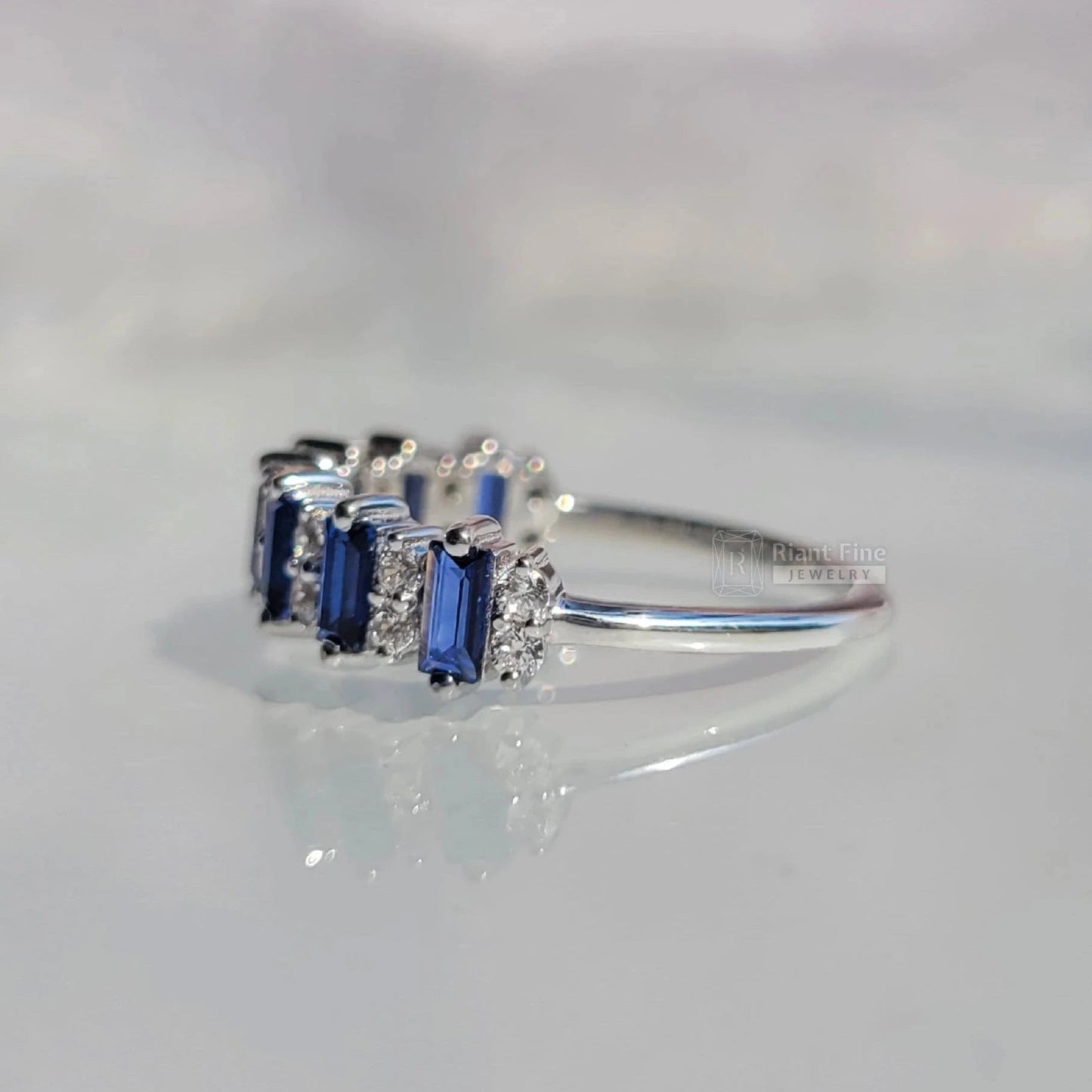Half Eternity Baguette Cut Blue Sapphire Wedding Band - Riant Fine Jewelry LLC