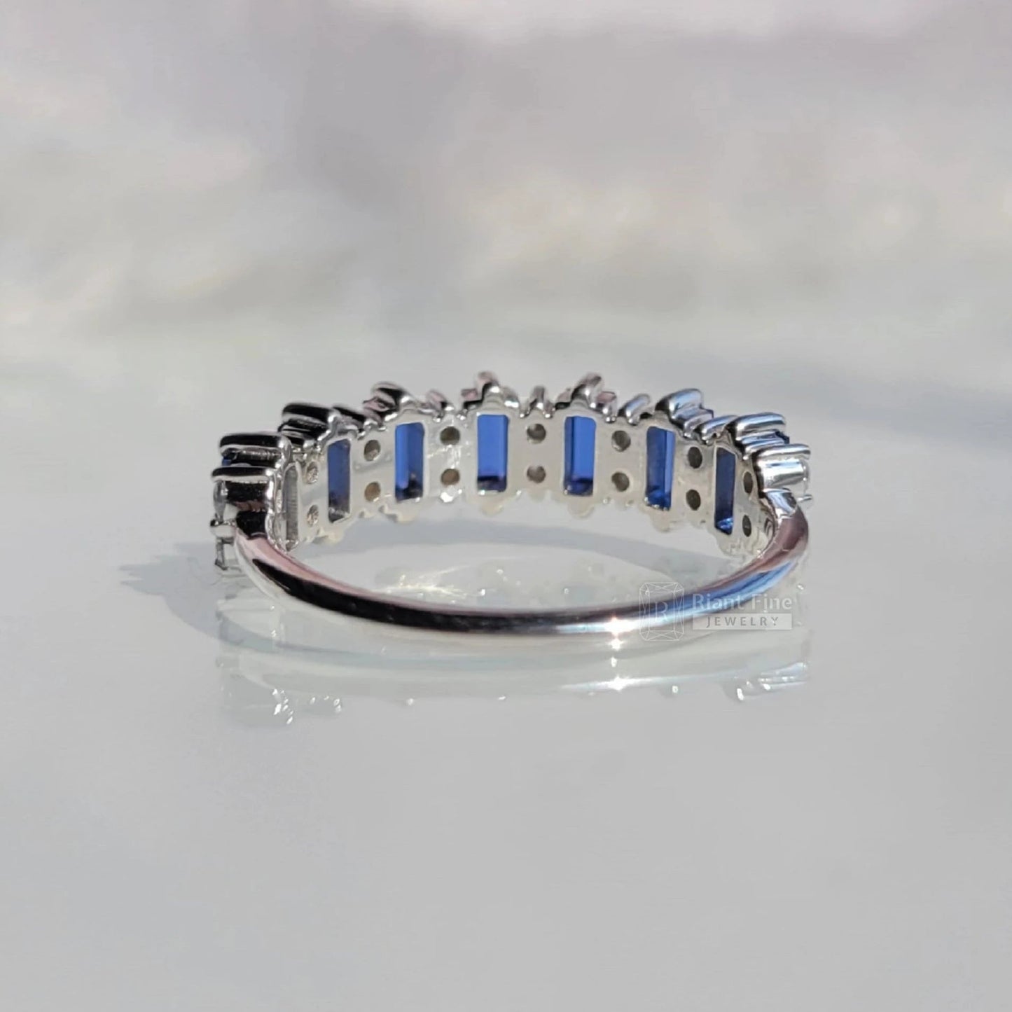 Half Eternity Baguette Cut Blue Sapphire Wedding Band - Riant Fine Jewelry LLC