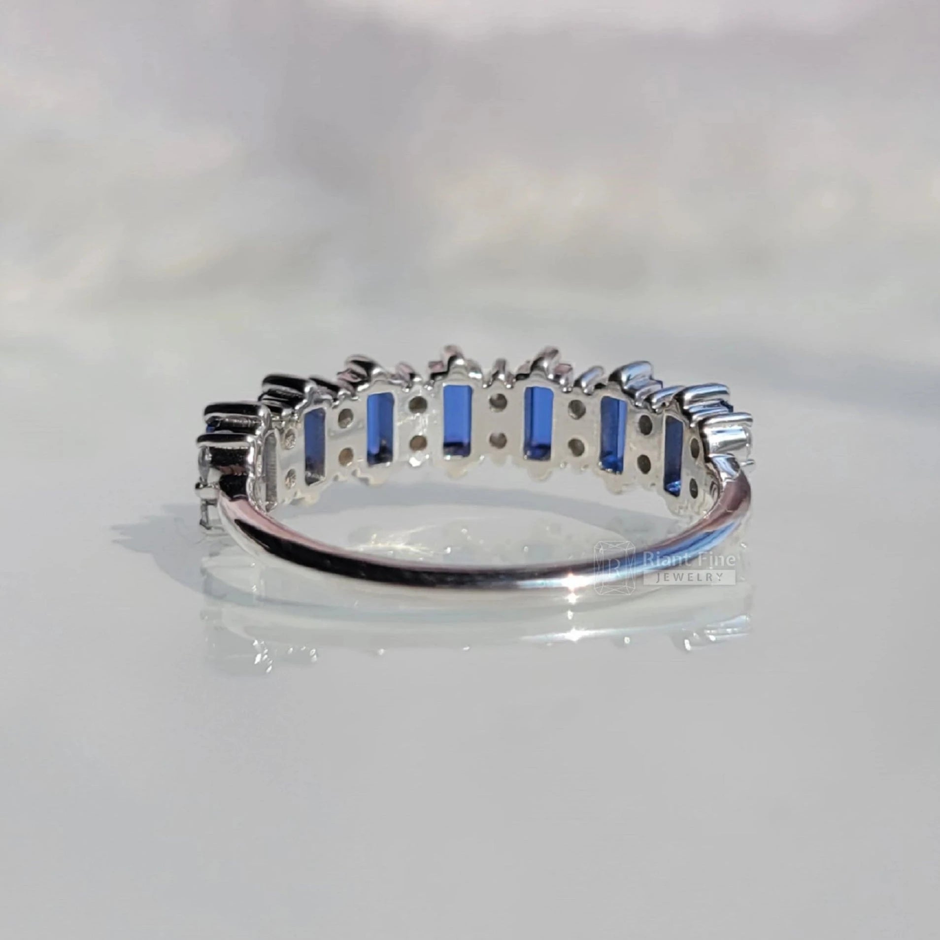 Half Eternity Baguette Cut Blue Sapphire Wedding Band - Riant Fine Jewelry LLC