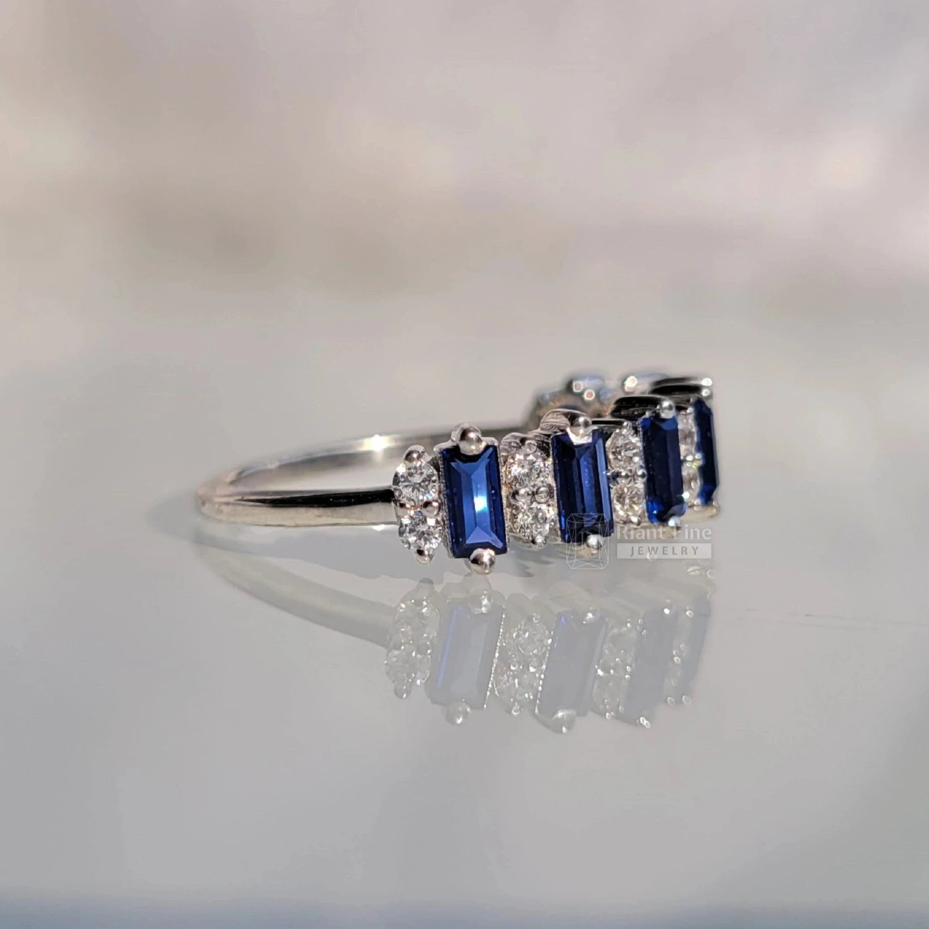 Half Eternity Baguette Cut Blue Sapphire Wedding Band - Riant Fine Jewelry LLC