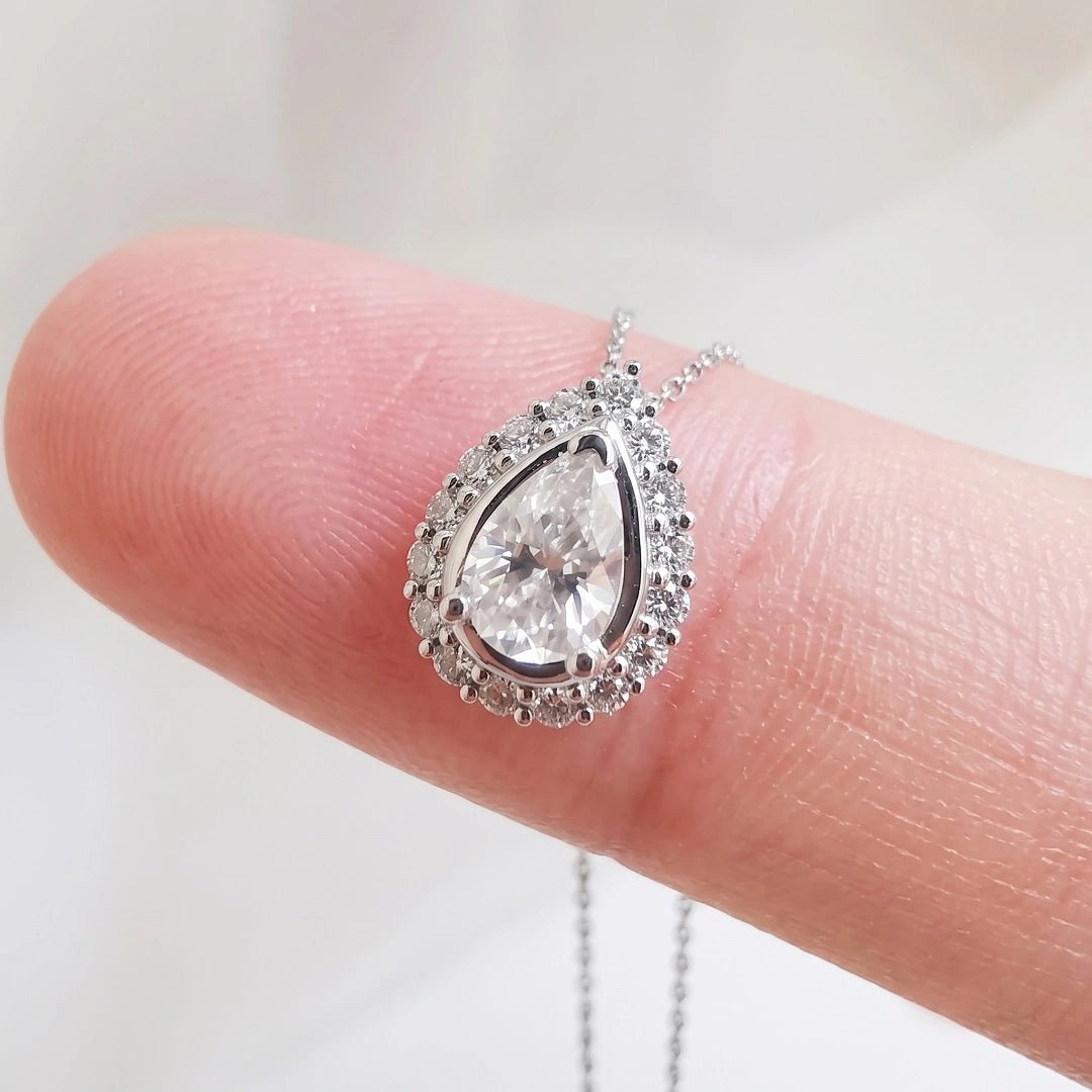 Halo Pear Shaped Moissanite Pendant In 14K Gold - Riant Fine Jewelry LLC