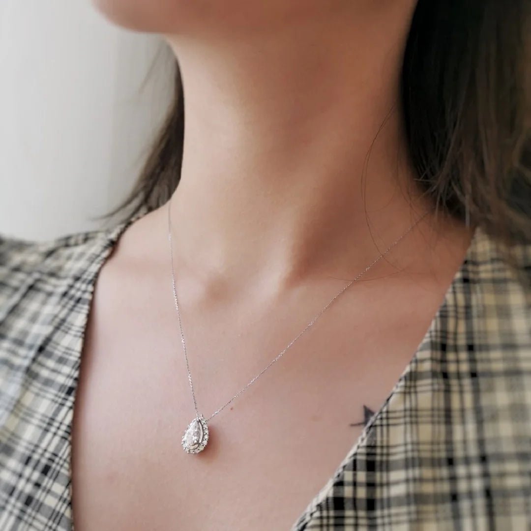Halo Pear Shaped Moissanite Pendant In 14K Gold - Riant Fine Jewelry