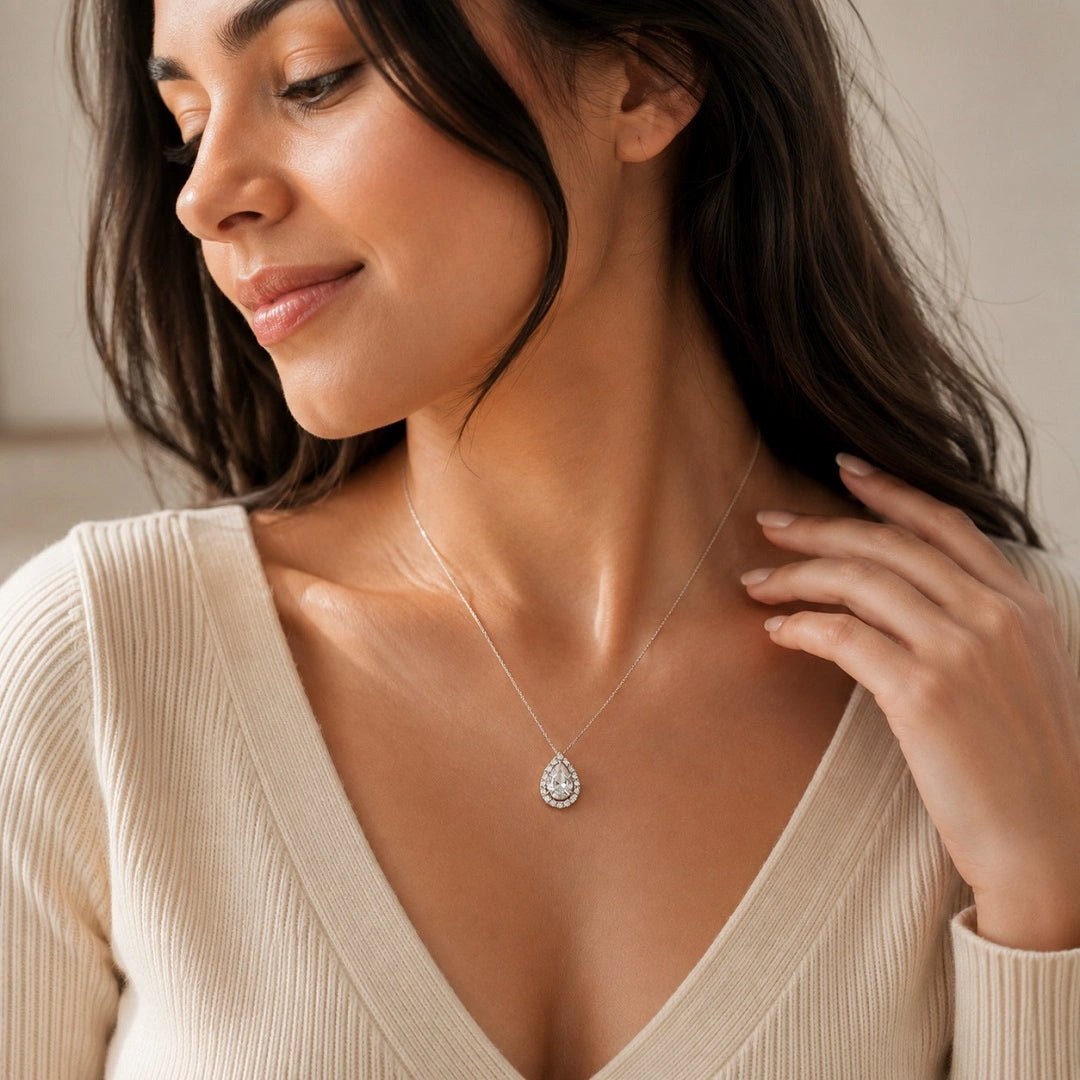 Halo Pear Shaped Moissanite Pendant In 14K Gold - Riant Fine Jewelry LLC