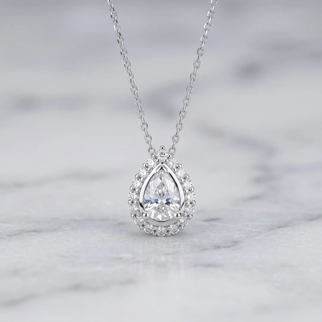 Halo Pear Shaped Moissanite Pendant In 14K Gold - Riant Fine Jewelry LLC
