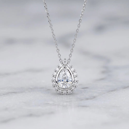 Halo Pear Shaped Moissanite Pendant In 14K Gold - Riant Fine Jewelry LLC