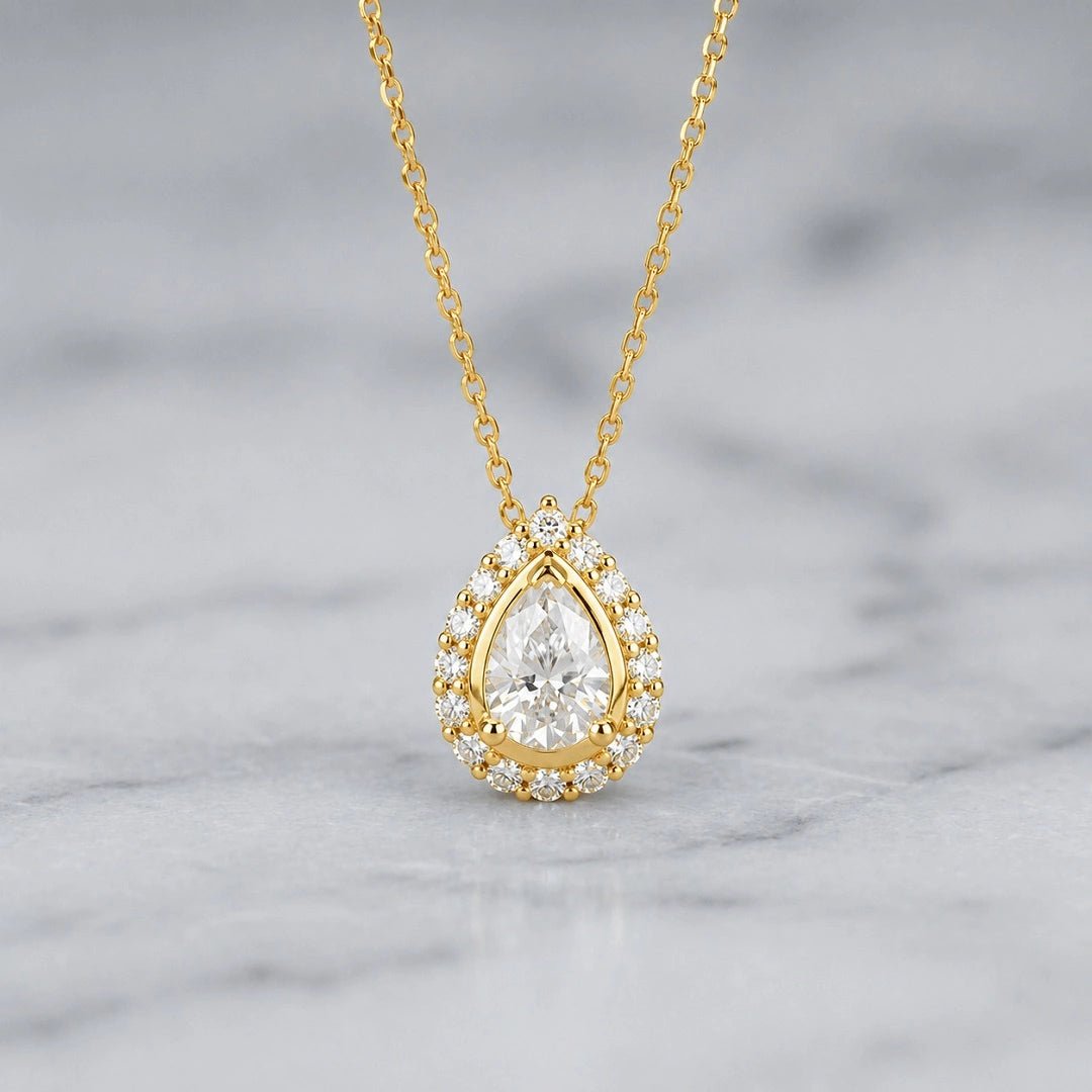 Halo Pear Shaped Moissanite Pendant In 14K Gold - Riant Fine Jewelry LLC