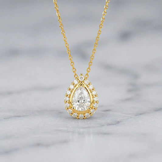 Halo Pear Shaped Moissanite Pendant In 14K Gold - Riant Fine Jewelry LLC