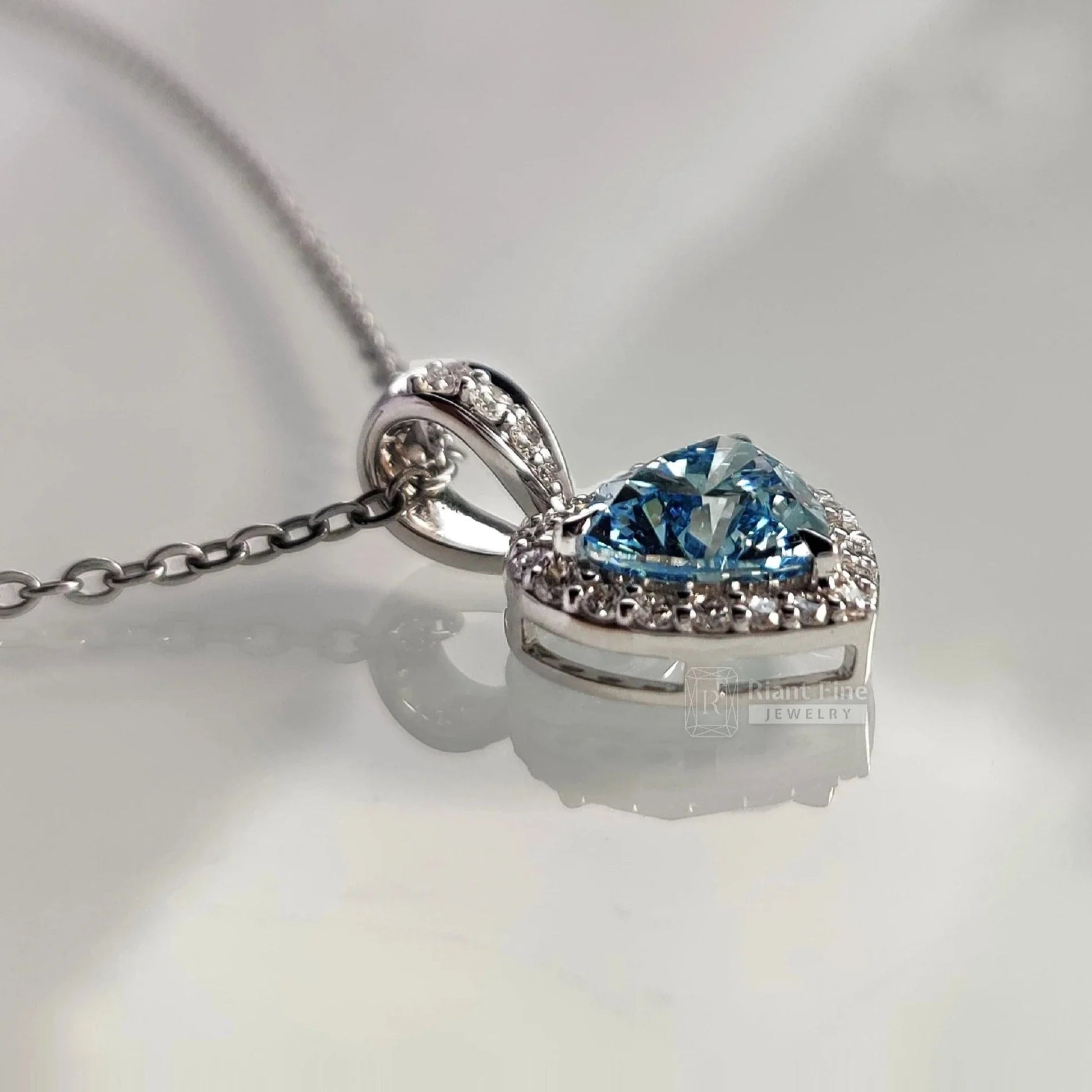 Heart Shape Blue Sapphire Pendant in 14K White Gold - Riant Fine Jewelry LLC