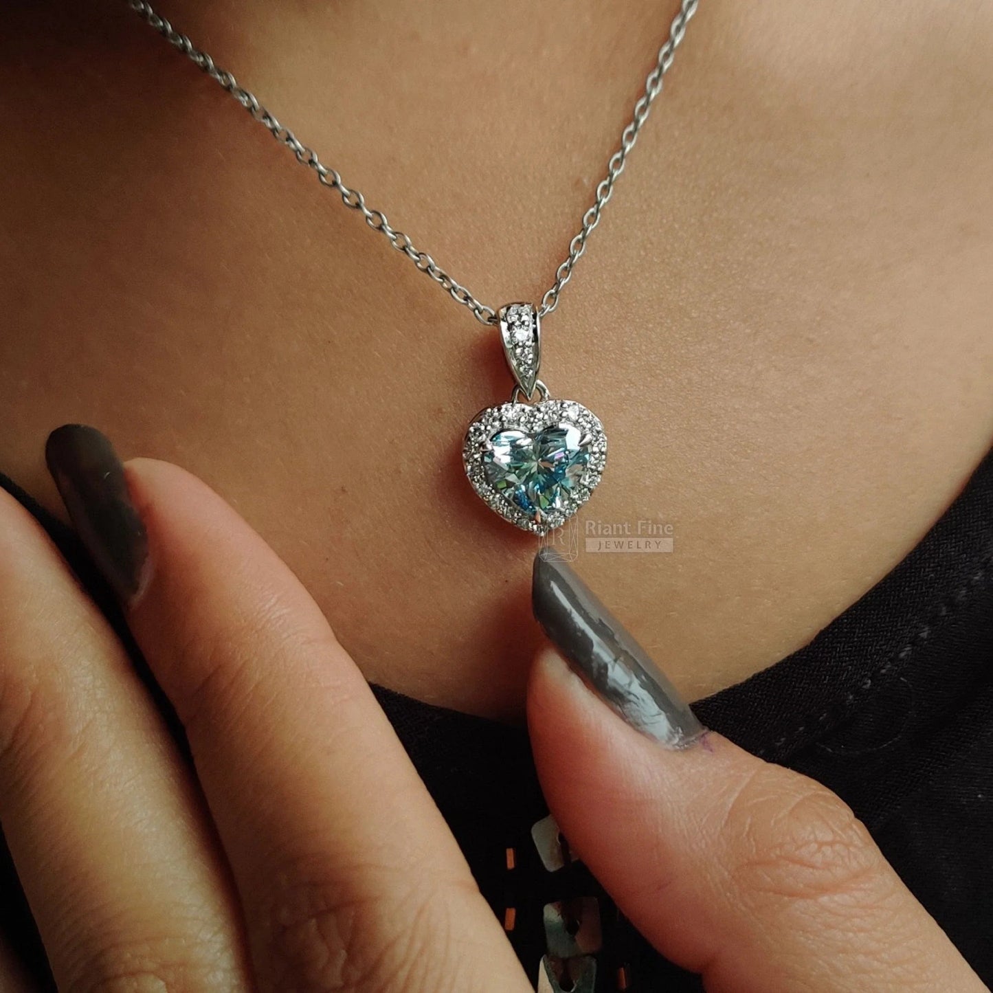 Heart Shape Blue Sapphire Pendant in 14K White Gold - Riant Fine Jewelry LLC