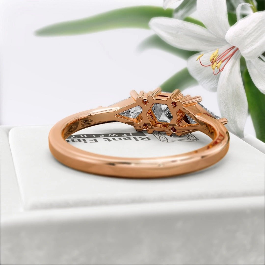Hexagon Cut Three Stone Diamond Engagement Ring - Riant Fine Jewelry