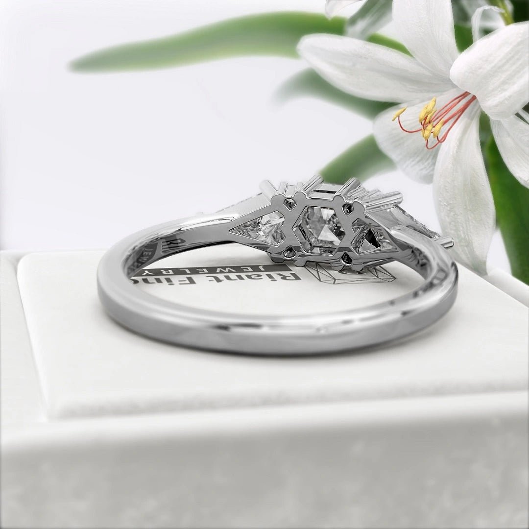 Hexagon Cut Three Stone Diamond Engagement Ring - Riant Fine Jewelry