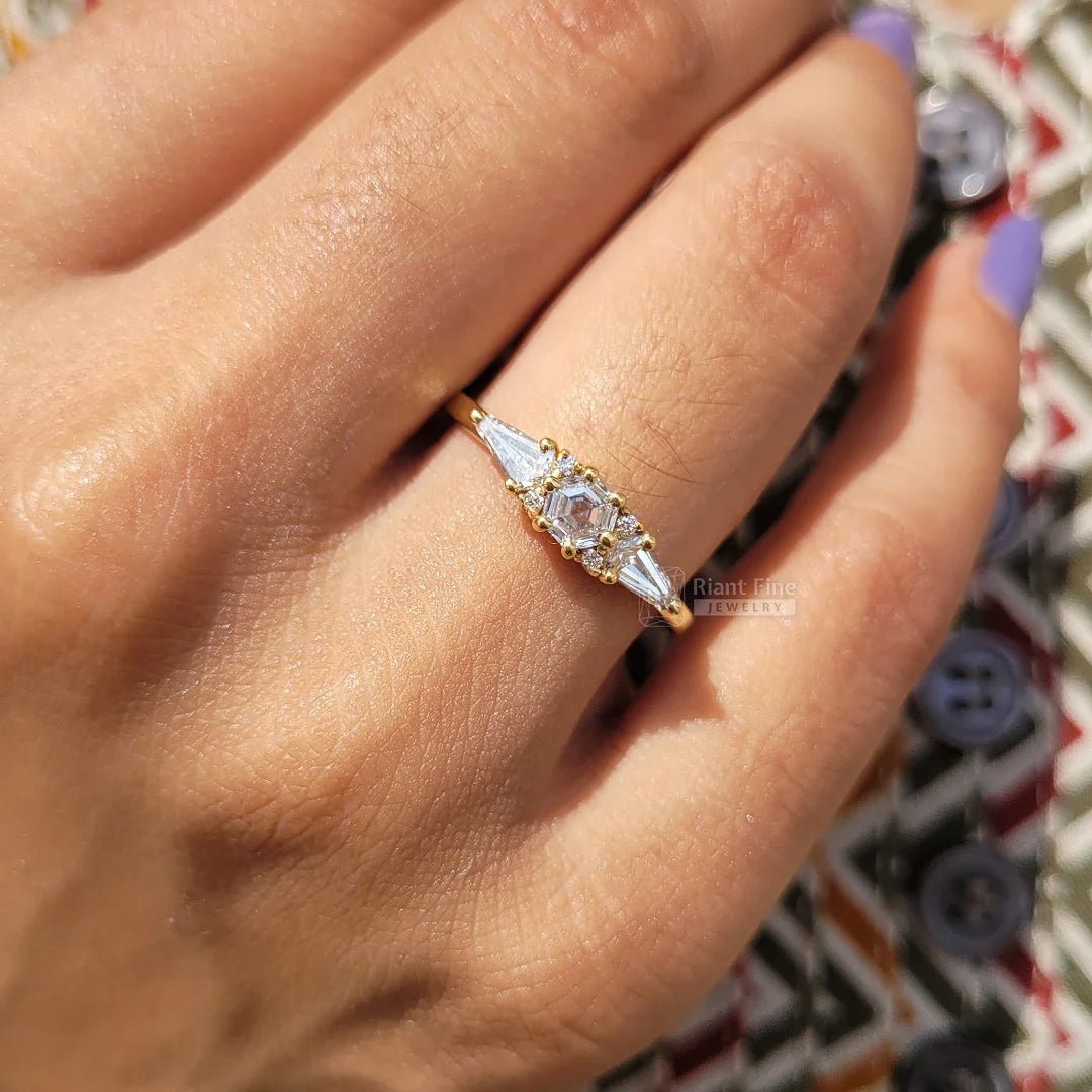 Hexagon Cut Three Stone Diamond Engagement Ring - Riant Fine Jewelry