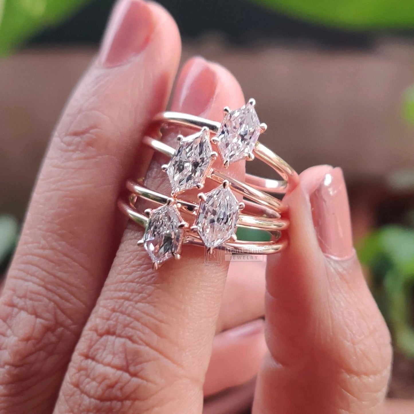 Hexagon Diamond Solitaire Engagement Rings In 14K Rose Gold - Riant Fine Jewelry LLC