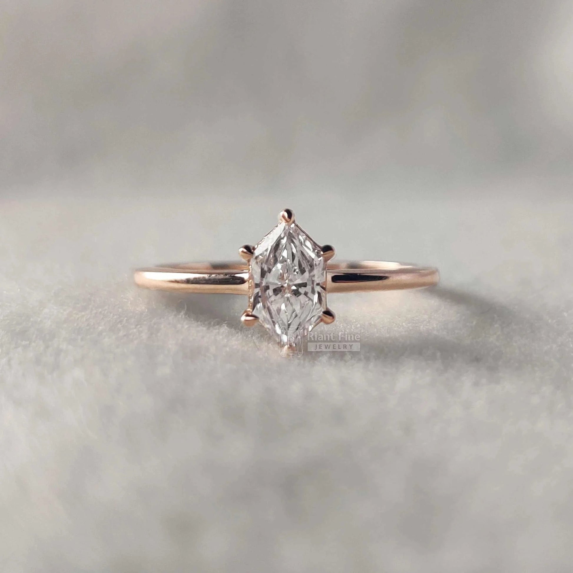 Hexagon Diamond Solitaire Engagement Rings In 14K Rose Gold - Riant Fine Jewelry LLC