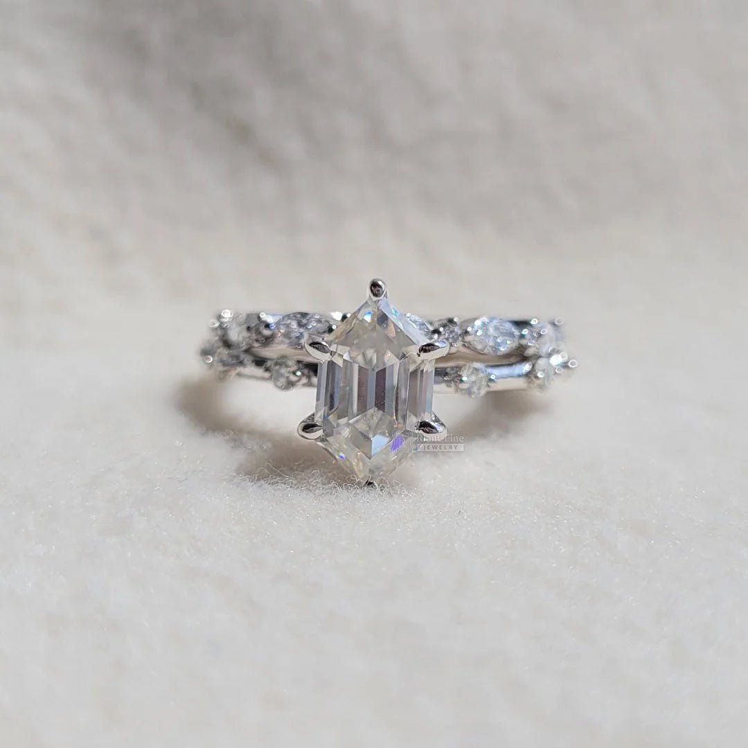 Hexagon Diamond White Gold Engagement Ring Set - Riant Fine Jewelry