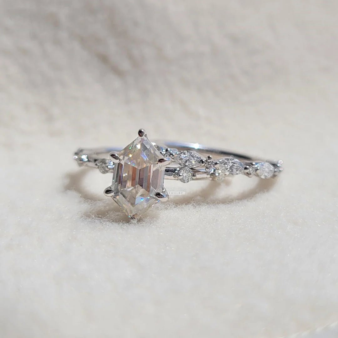 Hexagon Diamond White Gold Engagement Ring Set - Riant Fine Jewelry