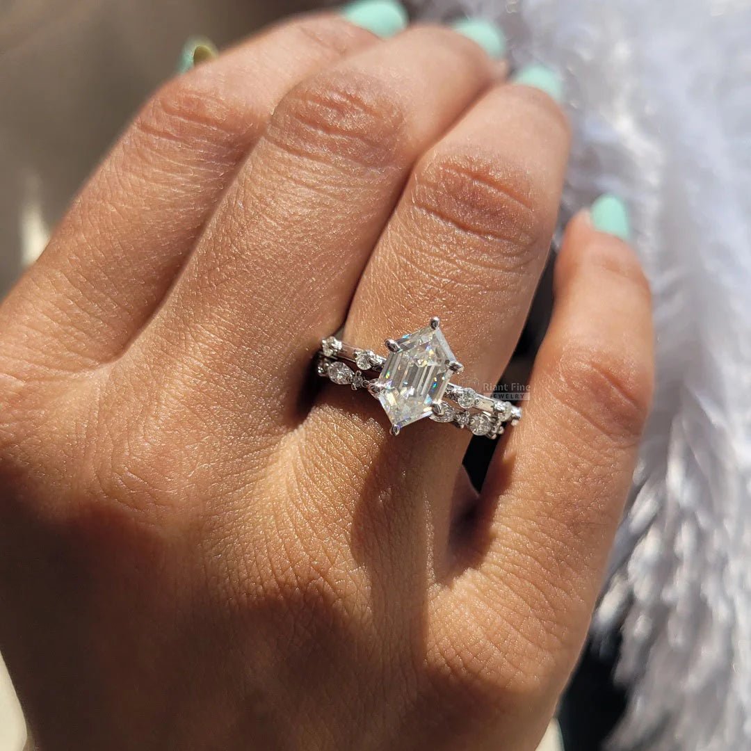 Hexagon Diamond White Gold Engagement Ring Set - Riant Fine Jewelry