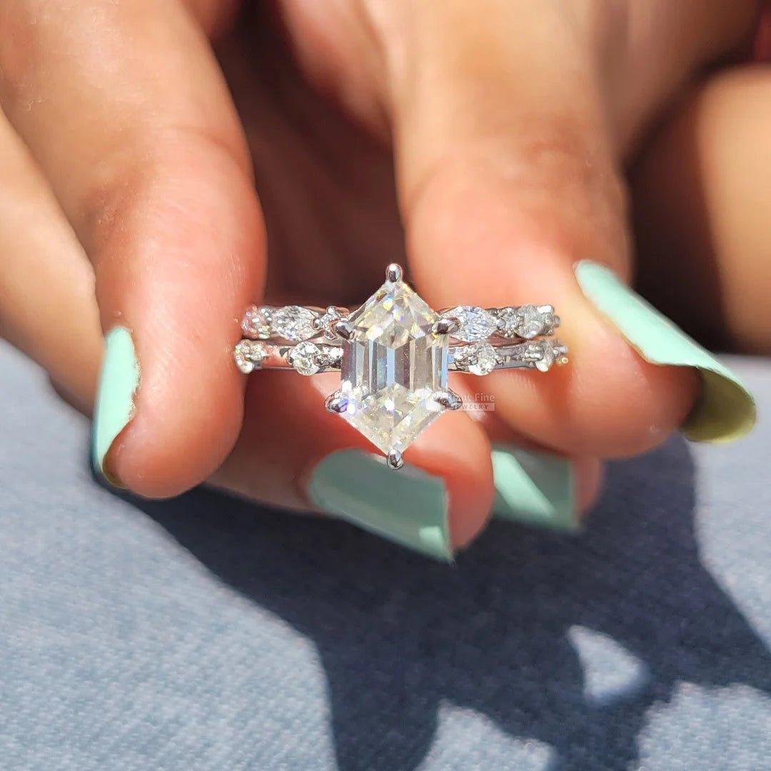 Hexagon Diamond White Gold Engagement Ring Set - Riant Fine Jewelry
