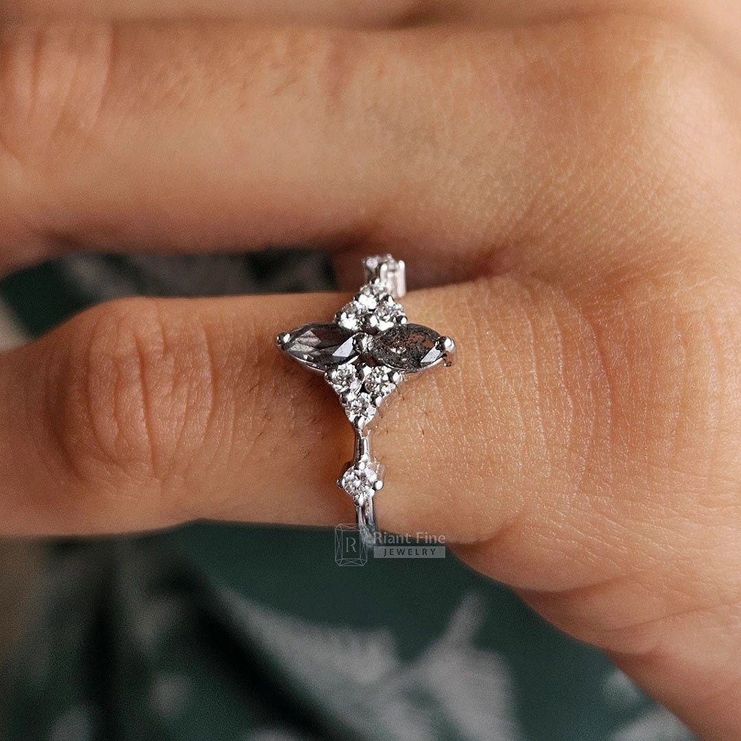 Marquise Cut Salt and Pepper Diamond Engagement Ring - Riant Fine Jewelry