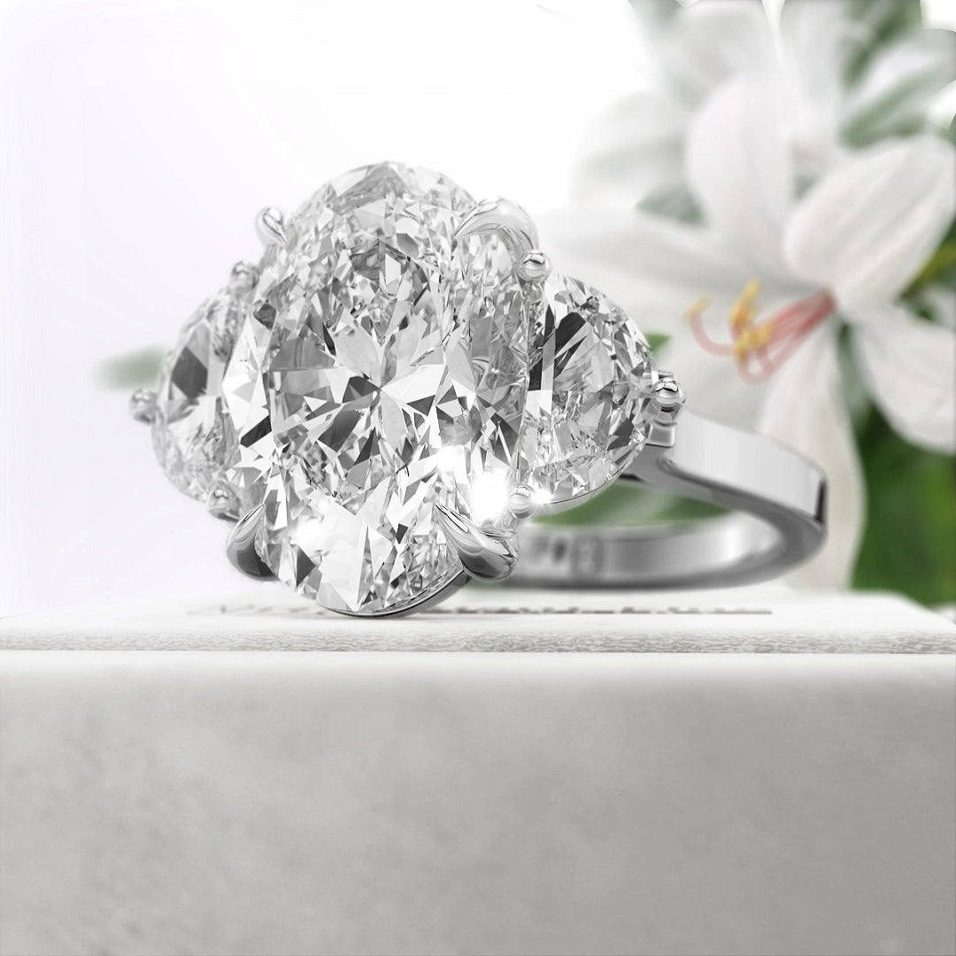 Oval Cut Moissanite Three Stone Engagement Ring in 14K Gold - Riant Fine Jewelry LLC