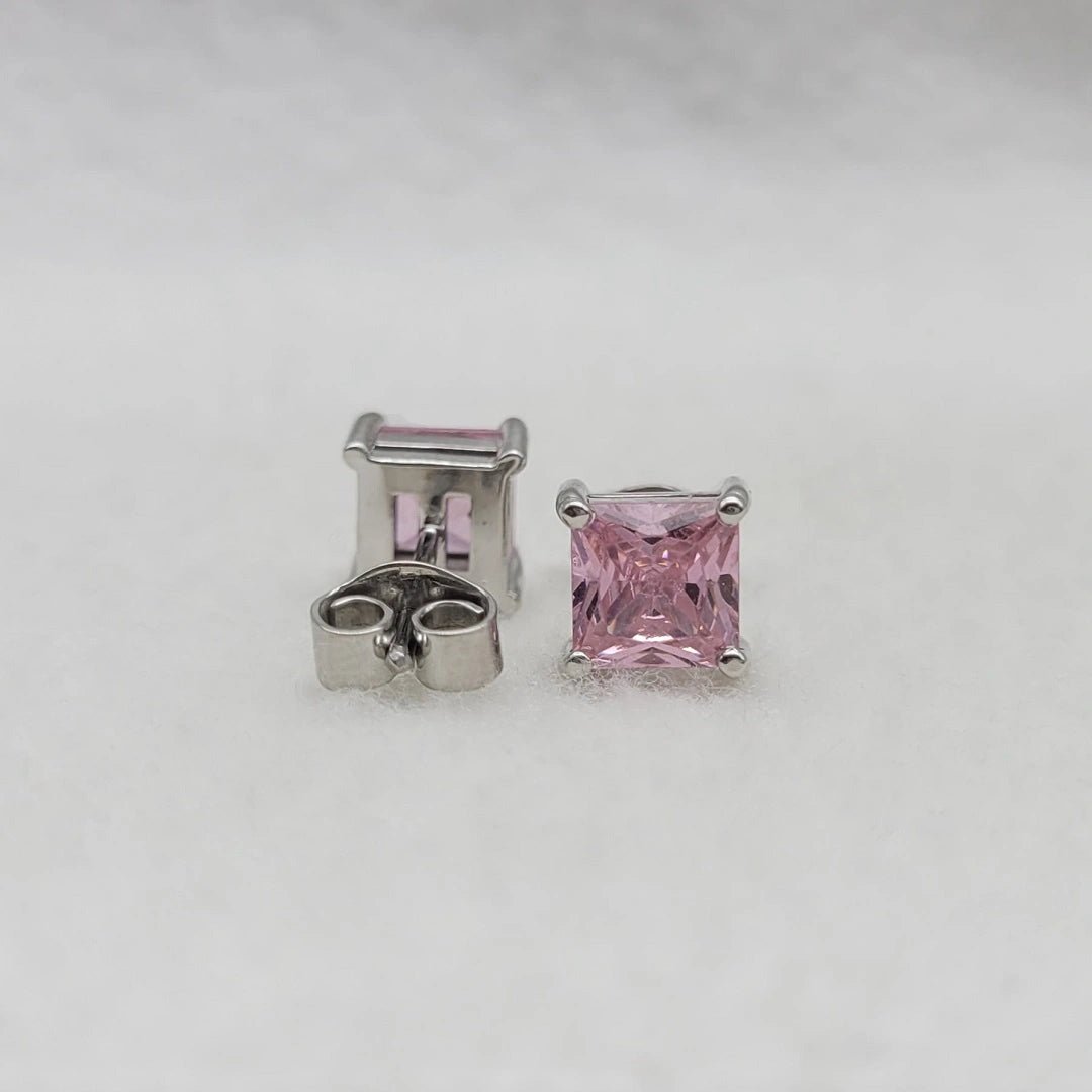 Pink Princess Cut Sapphire Stud Earrings in 14K White Gold - Riant Fine Jewelry LLC