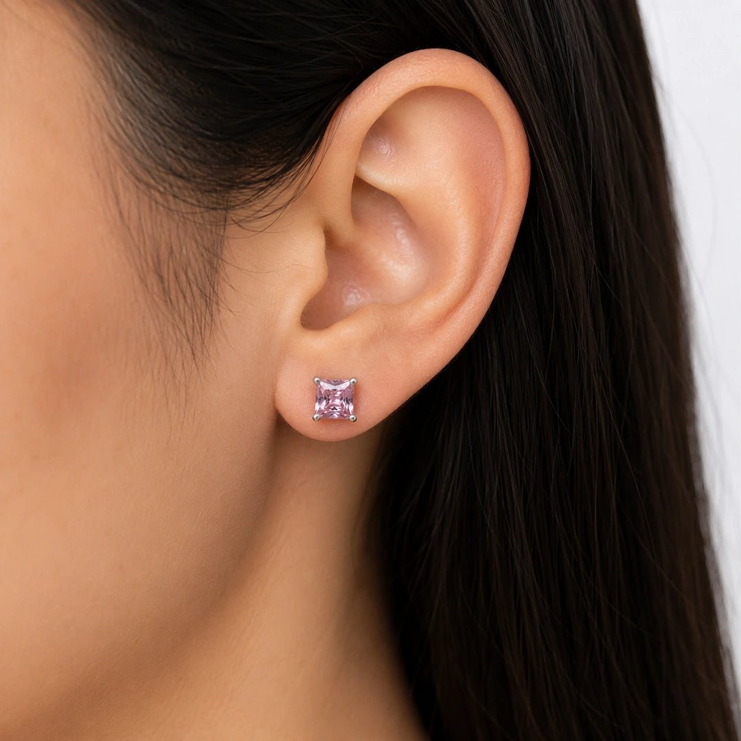 Pink Princess Cut Sapphire Stud Earrings in 14K White Gold - Riant Fine Jewelry LLC