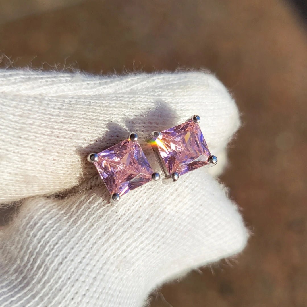 Pink Princess Cut Sapphire Stud Earrings in 14K White Gold - Riant Fine Jewelry LLC