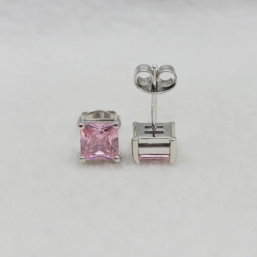 Pink Princess Cut Sapphire Stud Earrings in 14K White Gold - Riant Fine Jewelry LLC