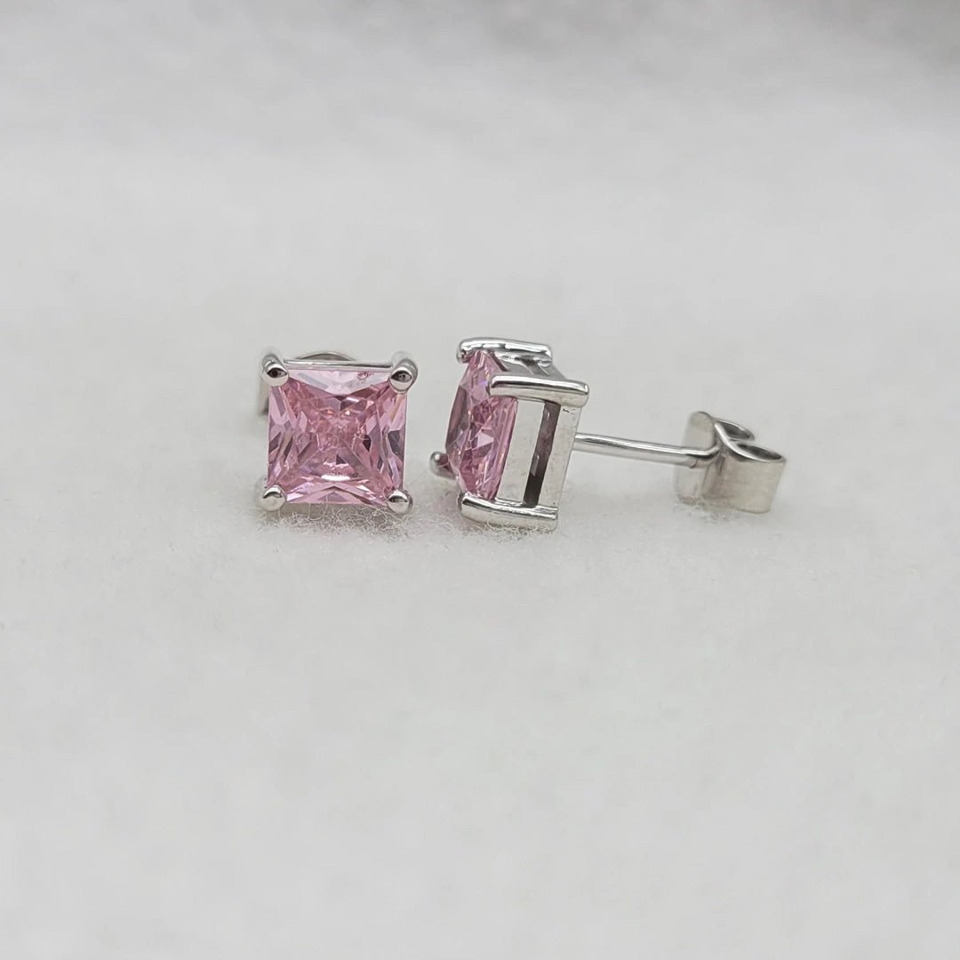 Pink Princess Cut Sapphire Stud Earrings in 14K White Gold - Riant Fine Jewelry LLC