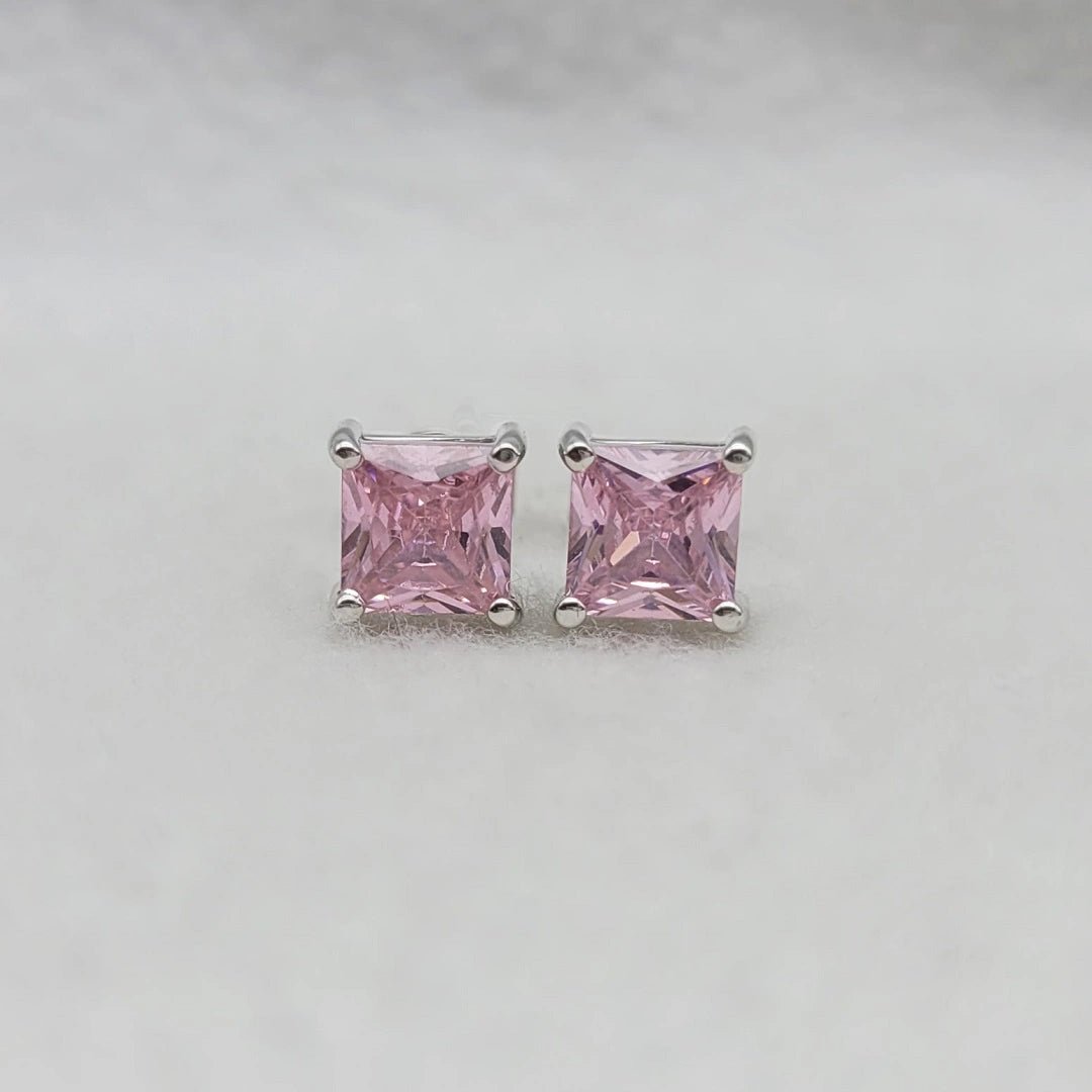 Pink Princess Cut Sapphire Stud Earrings in 14K White Gold - Riant Fine Jewelry LLC