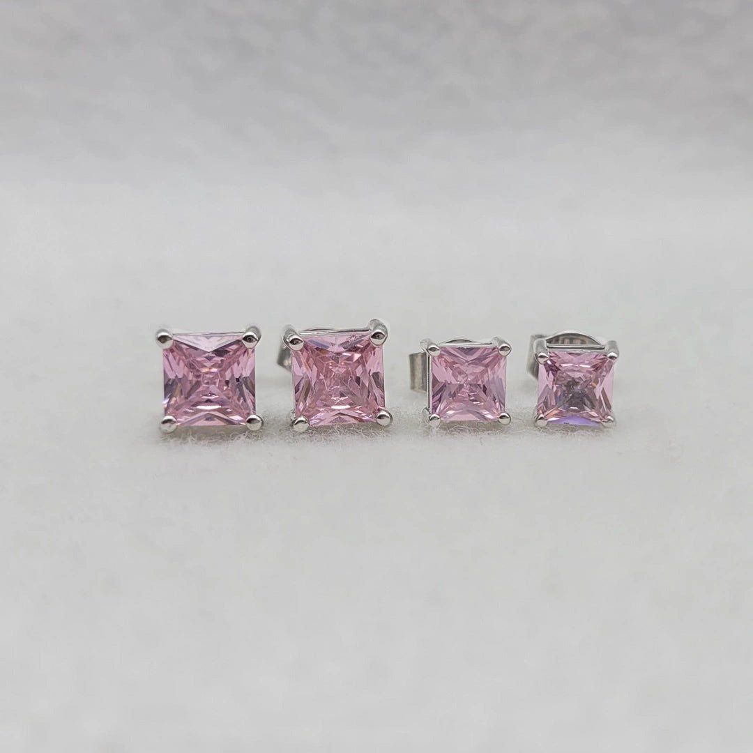 Pink Princess Cut Sapphire Stud Earrings in 14K White Gold - Riant Fine Jewelry LLC